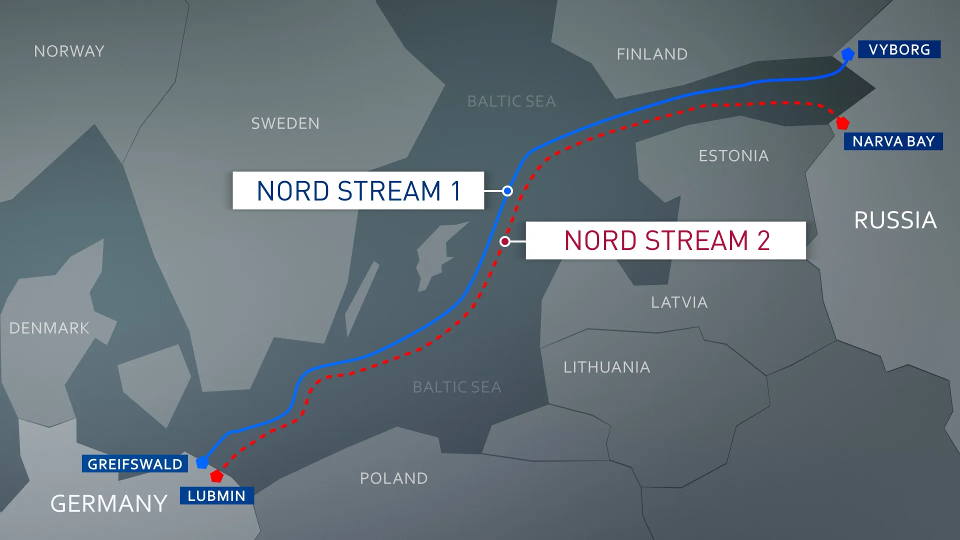 Verlauf von Nordstrem 1 und 2 - grafische Darstellung